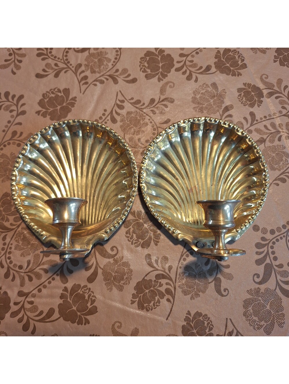 MCM Brass Shell Wall Hanging Candle Sconces 5"x 5.5" Protrudes 2.5" From Wall